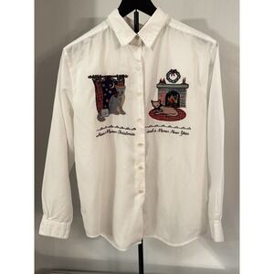 Karen Scott Cat Christmas Shirt Sz M Have a Meow Christmas Button Top‎ Holiday